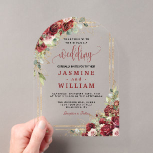 Invitations En Acrylique Faire carte de mariage rouge Bourgogne géométrique