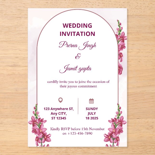 Invitations En Acrylique Faire carte d'invitation de mariage éditable | Flo (Recto)
