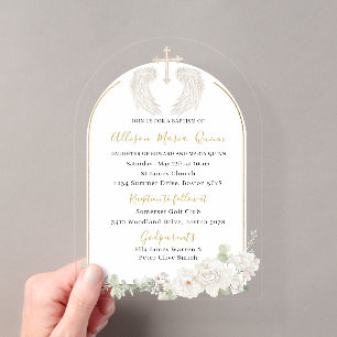 Invitations En Acrylique Faire moderne aquarelle beige ange baptême Invitat