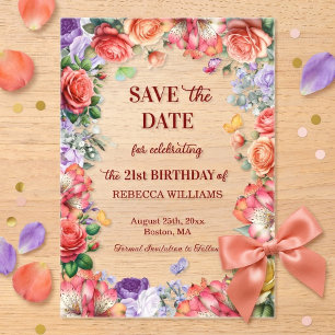 Invitations En Acrylique Faire part de 21e anniversaire à thème floral colo