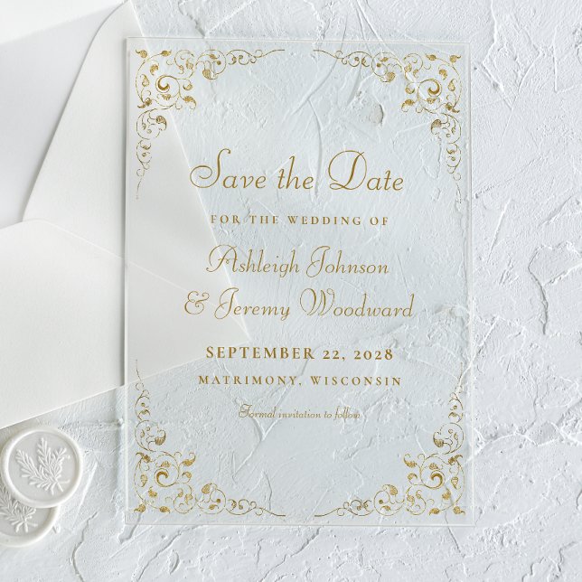 Invitations En Acrylique Faire part de mariage cadre botanique écriture dor (Créateur téléchargé)