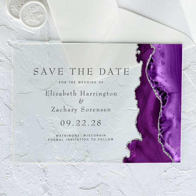 Invitations En Acrylique Faire part de mariage en Agate Argent Violet (Créateur téléchargé)
