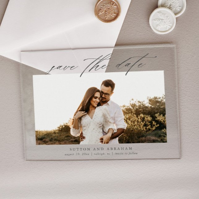 Invitations En Acrylique Faire part de mariage photo avec écriture moderne (Elegant script photo wedding save the date announcement.)