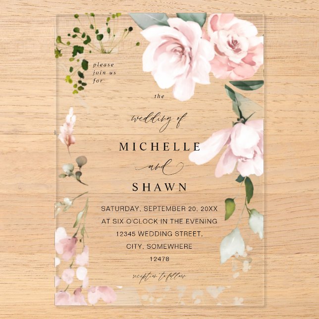 Invitations En Acrylique Fairepart de mariage 2B Rose Pâle Floral & Eucalyp (Recto)