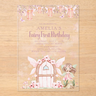 Invitations En Acrylique Fairy First Girl's 1st Birthday Party Custom