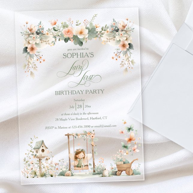 Invitations En Acrylique Fairy First Girl's Birthday Party Custom (elegant whimsical storybook floral garden fairy first birthday party acrylic invitation)
