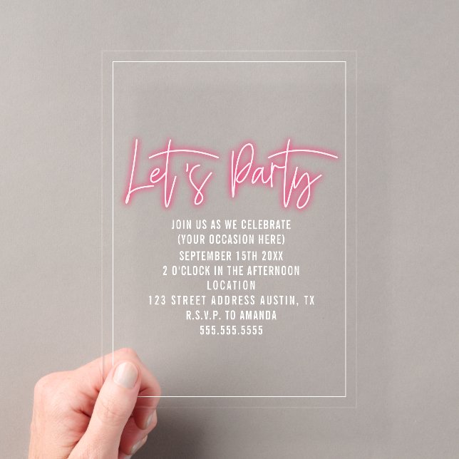 Invitations En Acrylique Faisons la fête Script Néon Générique pour toute o (In situ (ordinateur de poche))