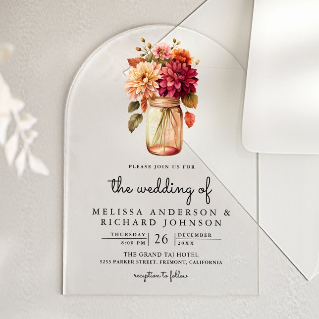 Invitations En Acrylique Fall Dahlia Floral Mason Jar Wedding (Créateur téléchargé)