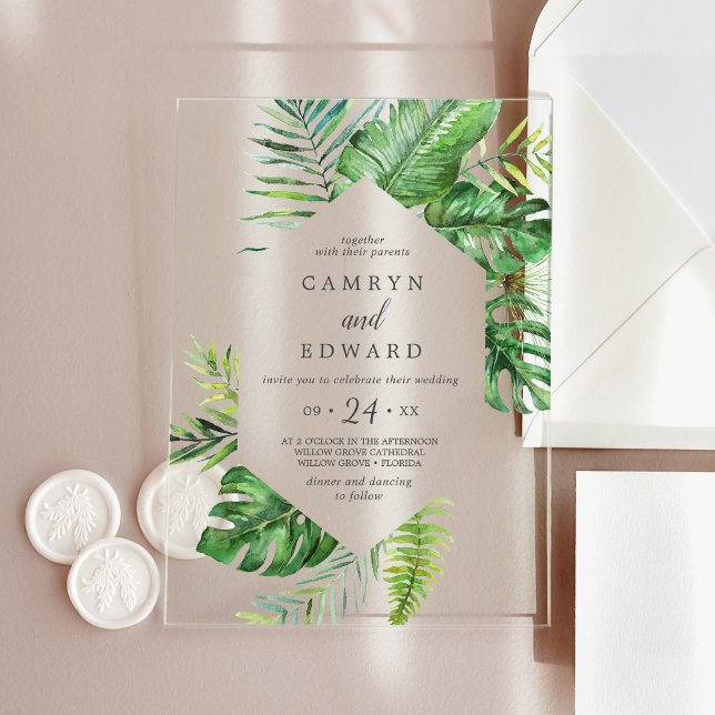 Invitations En Acrylique Far Tropical Palm Leaf Destination Plage Mariage (Wild Tropical Palm Leaf Destination Beach Wedding Acrylic Invitations)