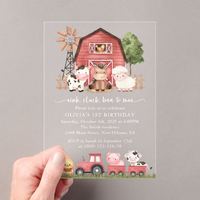 Invitations En Acrylique Farm Animals, Cute Animals, Barn, First Birthday (In situ (ordinateur de poche))
