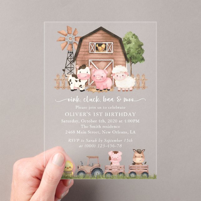 Invitations En Acrylique Farm Animals, Cute Animals, Barn, First Birthday (In situ (ordinateur de poche))
