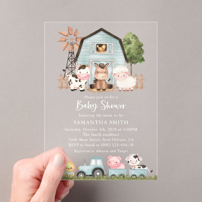 Invitations En Acrylique Farm Animals, Cute Animals, Blue Barn, Baby Shower (In situ (ordinateur de poche))