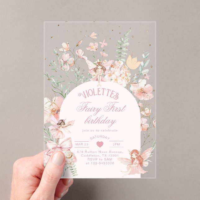 Invitations En Acrylique Fée Premier Anniversaire Jardin Enchanté Fantaisis (In situ (ordinateur de poche))