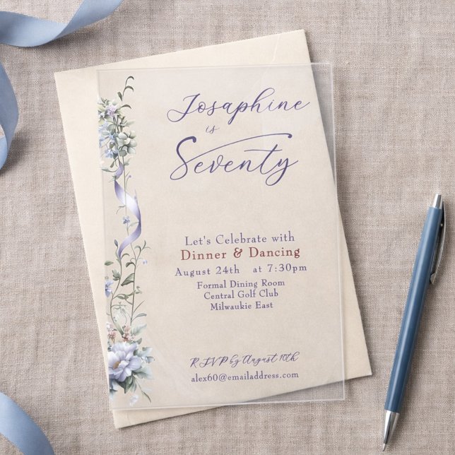 Invitations En Acrylique Feminine Dusty Blue Wildflower 70th Birthday (Créateur téléchargé)
