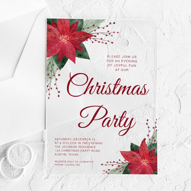 Invitations En Acrylique Festif Floral Poinsettia Noël (Festive Floral Poinsettia Christmas Party Acrylic Invitations)