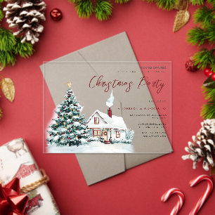 Invitations En Acrylique Festif Snowy House & Tree Christmas Party