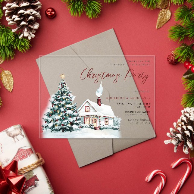 Invitations En Acrylique Festif Snowy House & Tree Christmas Party (Insitu (vacances))