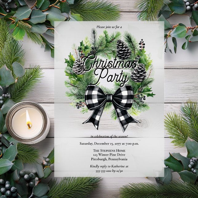 Invitations En Acrylique Festive Holiday Wreath BW Bow Christmas Party  (Festive Christmas Holiday Wreath with BW Coquette Check Bow "Christmas Party" Acrylic Invitation)