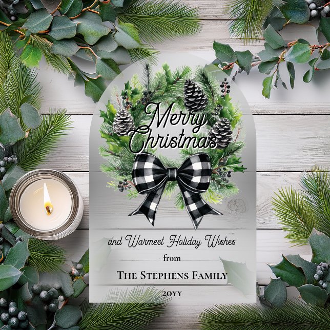 Invitations En Acrylique Festive Holiday Wreath Merry Christmas Non-Photo (Festive Holiday Wreath with Black | White Check Coquette Bow "Merry Christmas" Acrylic Card)