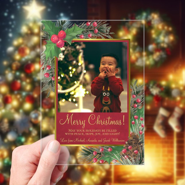 Invitations En Acrylique Festive Holly & Pine Joyeux Carte photo de Noël (Créateur téléchargé)