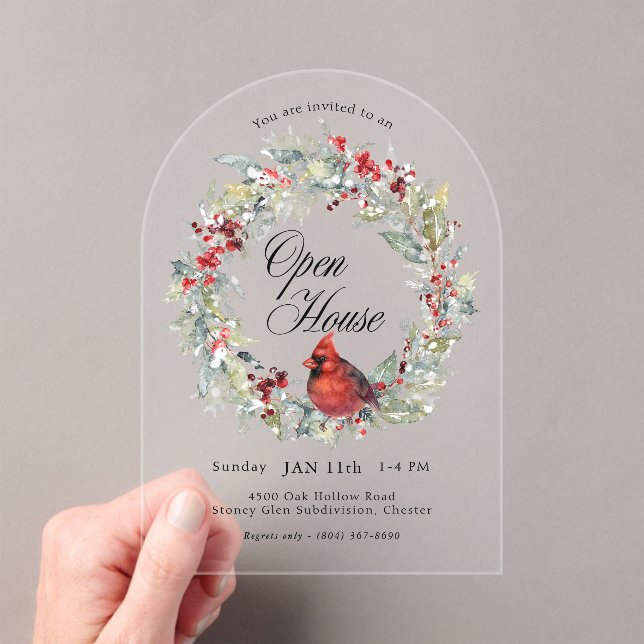 Invitations En Acrylique Festive Watercolor Cardinal Wreath Arch Open House (In situ (ordinateur de poche))