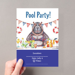Invitations En Acrylique Fête au bord de la piscine le 4 juillet avec Hippo