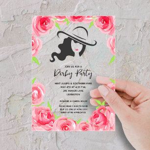Invitations En Acrylique Fête avec chapeau de Derby et roses