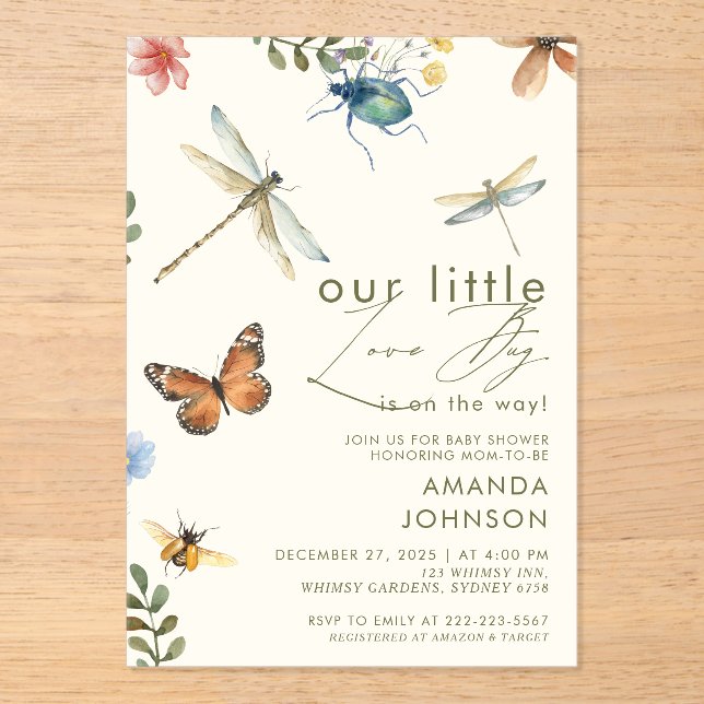 Invitations En Acrylique Fête bébé Boho Love Bug Insectes Libellule  (Recto)