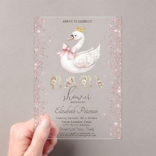 Invitations En Acrylique Fête bébé Cygne Floral Confettis Pailletés Ruban