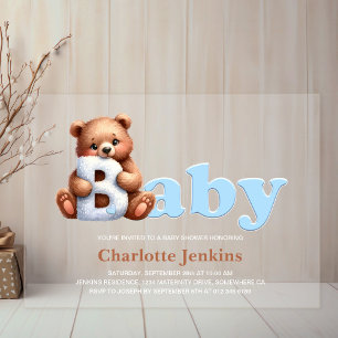 Invitations En Acrylique Fête bébé ours en peluche bleu