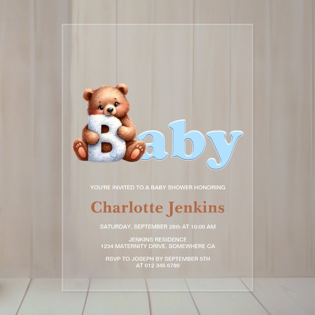 Invitations En Acrylique Fête bébé ours en peluche bleu (Créateur téléchargé)