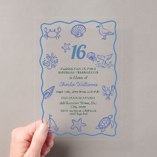 Invitations En Acrylique Fête d'anniversaire 16 ans sur la vie marine dessi