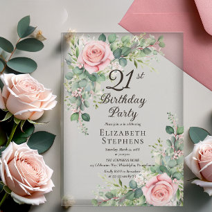 Invitations En Acrylique Fête d'anniversaire 21 ans Élégante Rose Fardée Eu