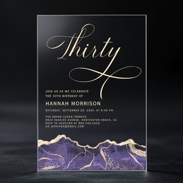 Invitations En Acrylique Fête d'anniversaire 30 ans Agate Or Violet (Créateur téléchargé)