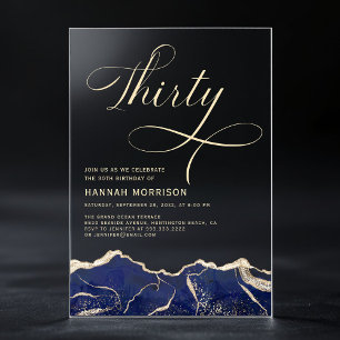 Invitations En Acrylique Fête d'anniversaire 30 ans Navy Blue Gold Agate