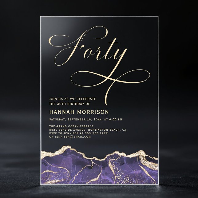 Invitations En Acrylique Fête d'anniversaire 40 ans Agate Or Violet (Créateur téléchargé)