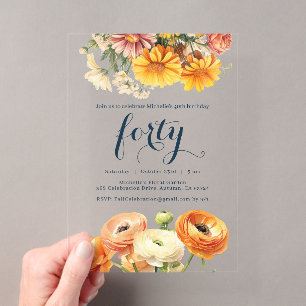 Invitations En Acrylique Fête d'anniversaire 40 ans Floral Botanique Coloré