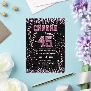 Invitations En Acrylique Fête d'anniversaire 45 ans Strass Rose Pailletés