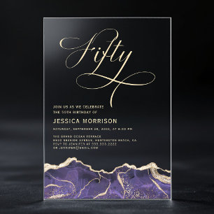 Invitations En Acrylique Fête d'anniversaire 50 ans Agate Or Pourpre