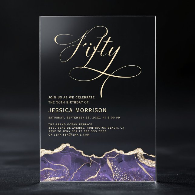 Invitations En Acrylique Fête d'anniversaire 50 ans Agate Or Pourpre (Créateur téléchargé)