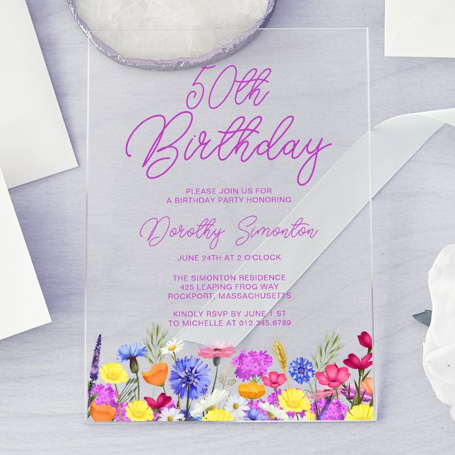 Invitations En Acrylique Fête d'anniversaire 50 ans Fleur sauvage boho viol (Créateur téléchargé)