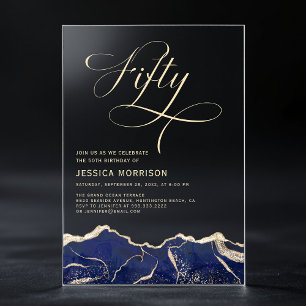 Invitations En Acrylique Fête d'anniversaire 50 ans Navy Blue Gold Agate