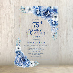 Invitations En Acrylique Fête d'anniversaire 75 ans Floral Bleu Moderne