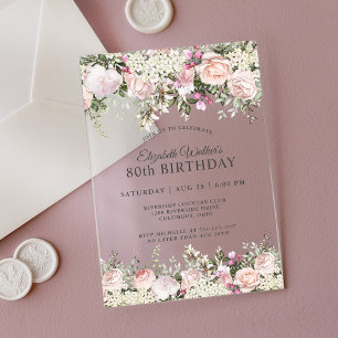 Invitations En Acrylique Fête d'anniversaire 80 ans aux roses roses féminin