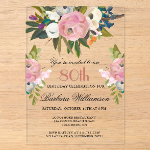Invitations En Acrylique Fête d'anniversaire 80 ans élégante avec fleurs pe
