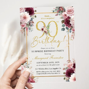 Invitations En Acrylique Fête d'anniversaire 90 ans Burgundy Blush Floral G