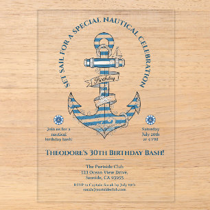 Invitations En Acrylique Fête d'anniversaire à l'ancre rayée nautique