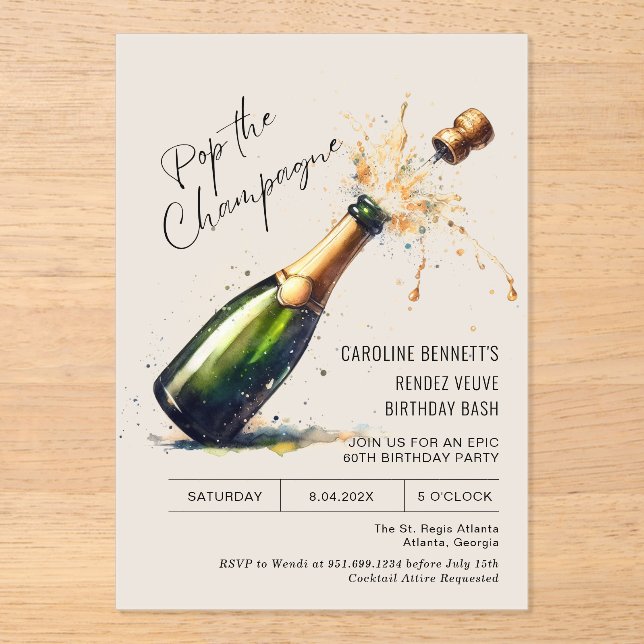 Invitations En Acrylique Fête d'anniversaire au champagne (Recto)