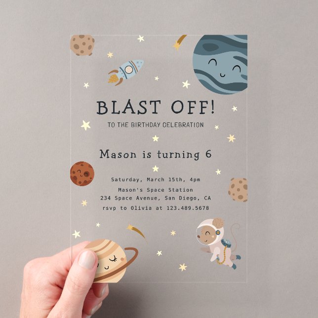 Invitations En Acrylique Fête d'anniversaire aventure spatiale pour enfants (In situ (ordinateur de poche))