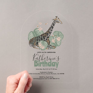 Invitations En Acrylique Fête d'anniversaire botanique de girafe faune végé